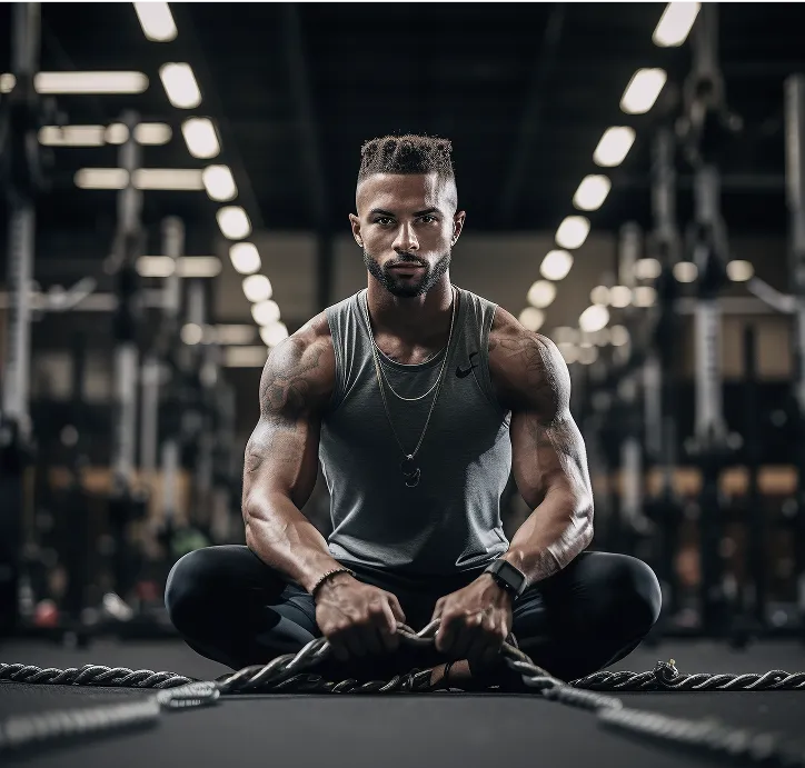 Fit man sitting cross-legged in gym after exercise session.
